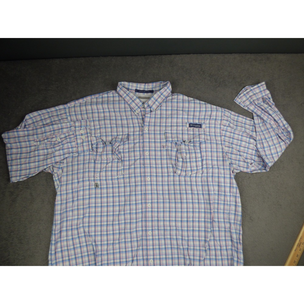 Columbia PFG Super Bahama Shirt Mens XXL Blue Pink Plaid Long Sleeve Fishing L/S